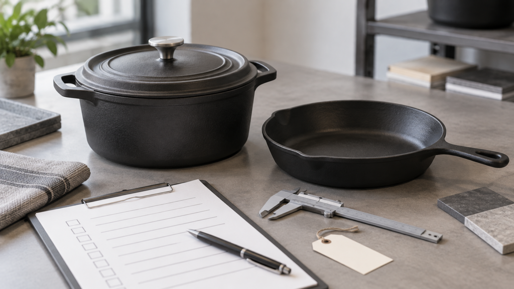 Cast iron cookware sample review with a checklist and measuring tool