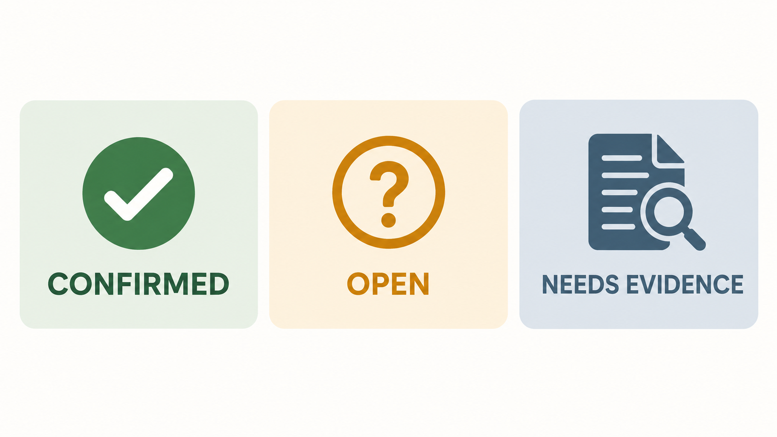 Three sample review statuses: Confirmed, Open and Needs Evidence