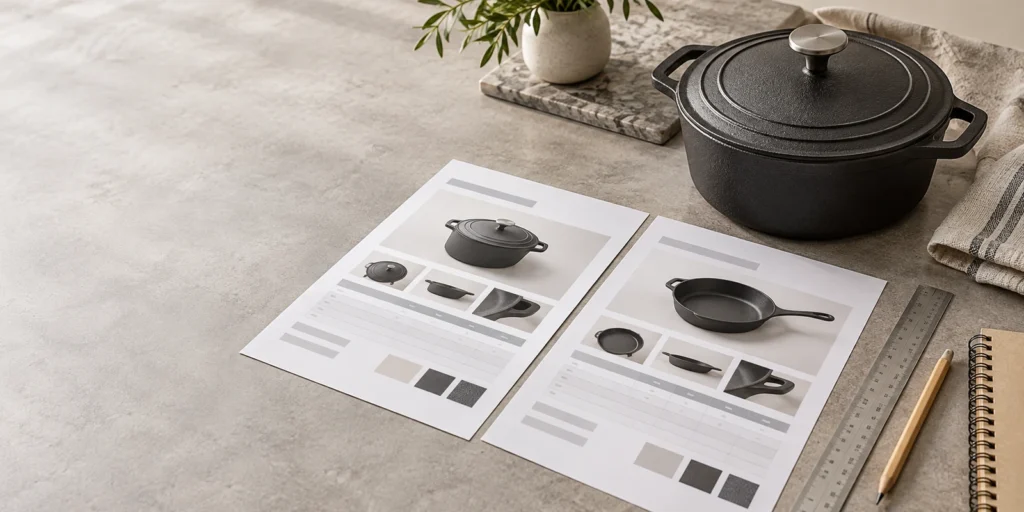 Concept image of unbranded cast iron cookware and illustrative product comparison sheets on a procurement desk; not current AIRUIPAI SKUs or actual supplier quotations.